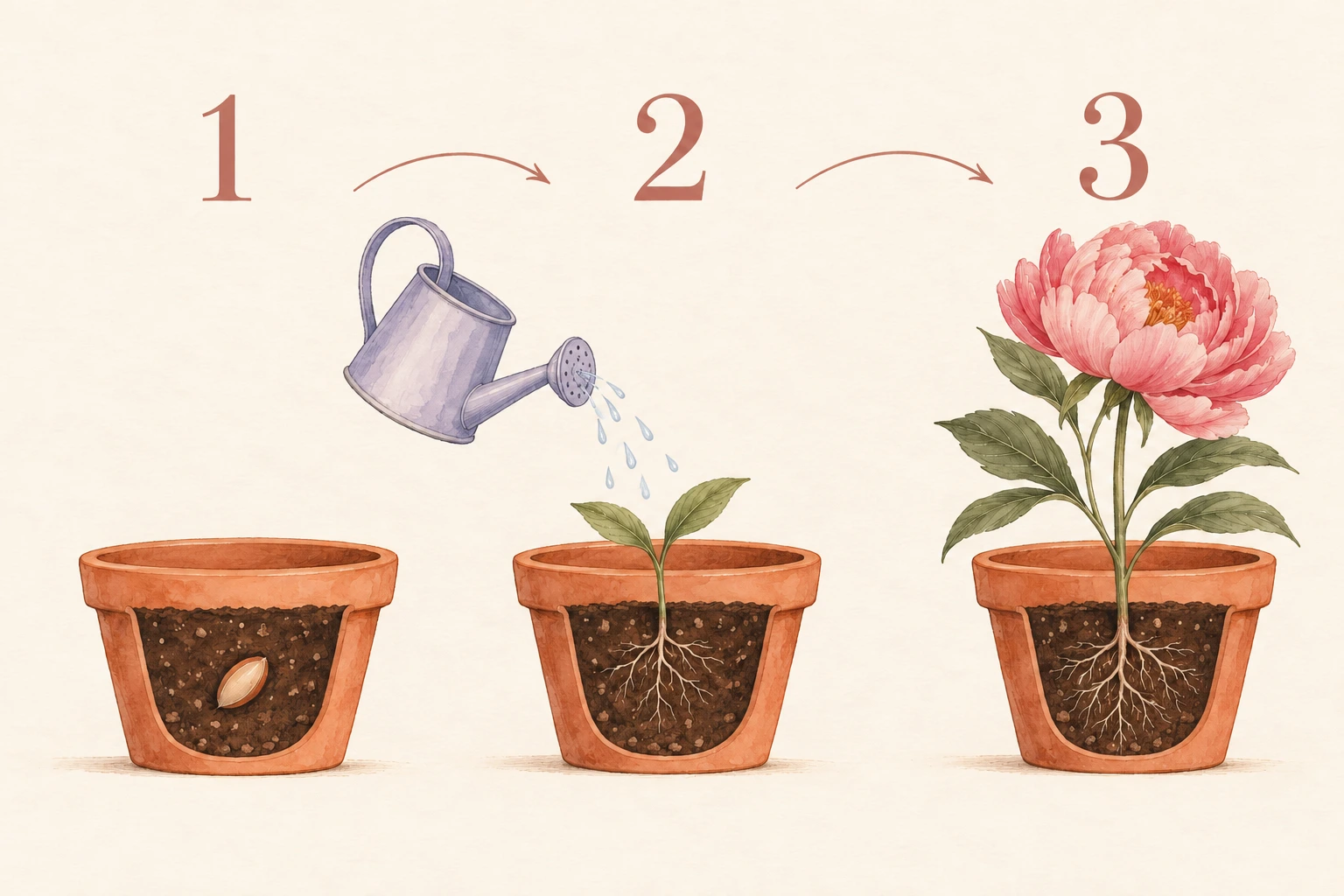 Illustration in drei nummerierten Schritten. Eins: Samen pflanzen. Zwei: den Keimling gießen und pflegen. Drei: die volle Blüte.