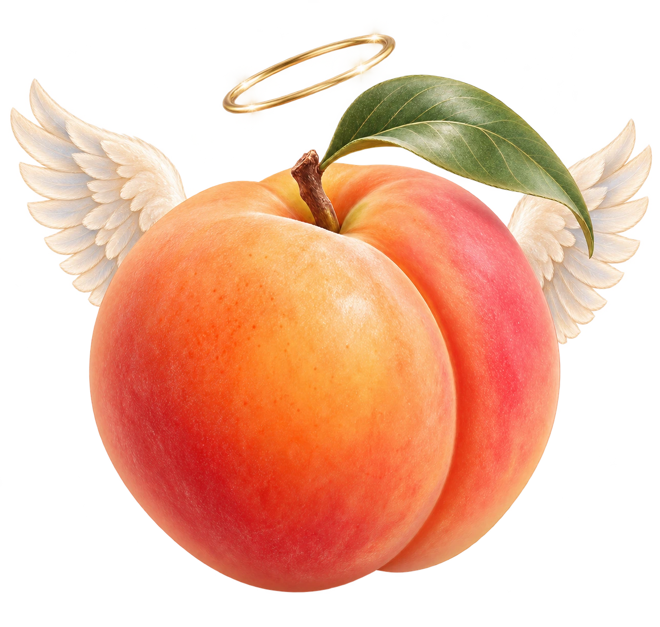 Kleiner orangefarbener Pfirsich mit Heiligenschein und Engelsflügeln für deinen Anfang